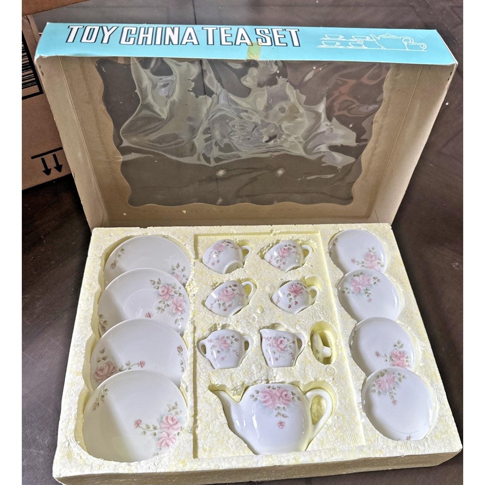 Vintage Toy China Tea Child's Rose Pattern Porcelain 16 pc Lynda Buchanan 1990